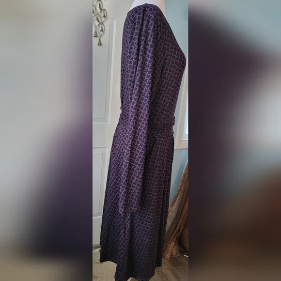 Boden Abigail Jersey Midi Dress Womens 8 Purple Black Leaf Print Long Sleeve - Picture 4 of 12